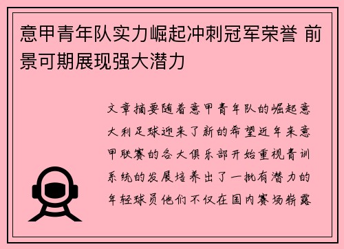 意甲青年队实力崛起冲刺冠军荣誉 前景可期展现强大潜力