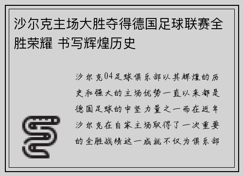 沙尔克主场大胜夺得德国足球联赛全胜荣耀 书写辉煌历史