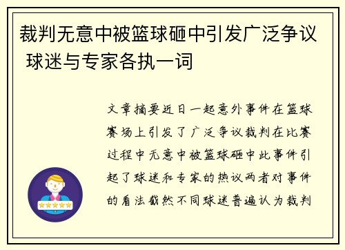 裁判无意中被篮球砸中引发广泛争议 球迷与专家各执一词