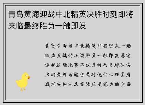 青岛黄海迎战中北精英决胜时刻即将来临最终胜负一触即发