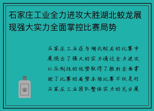石家庄工业全力进攻大胜湖北蛟龙展现强大实力全面掌控比赛局势